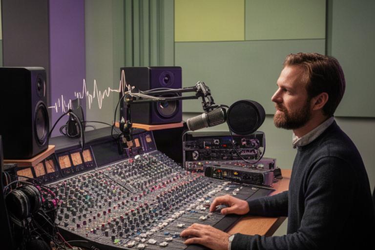 Podcastmaker aan een mengtafel in een professionele studio in Etten-Leur
